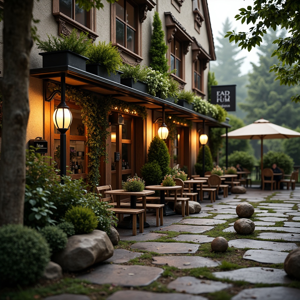 Prompt: Rustic pub exterior, ornate Baroque-style fa\u00e7ade, lush greenery, overflowing flower boxes, distressed wooden accents, vintage lanterns, meandering stone pathways, natural rock formations, moss-covered statues, whimsical topiaries, soft warm lighting, golden hour ambiance, shallow depth of field, 1/2 composition, intimate atmosphere, realistic textures, ambient occlusion.