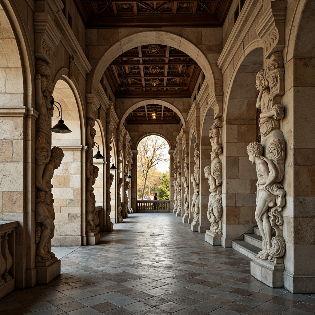 Prompt: Intricate stone carvings, ornate balustrades, grand arches, rustic stonework, weathered statues, mythological creatures, floral patterns, curved lines, ornamental lanterns, decorative railings, classical columns, carved keystones, rusticated quoins, symmetrical composition, warm golden lighting, soft focus, shallow depth of field, 2/3 composition, atmospheric perspective.