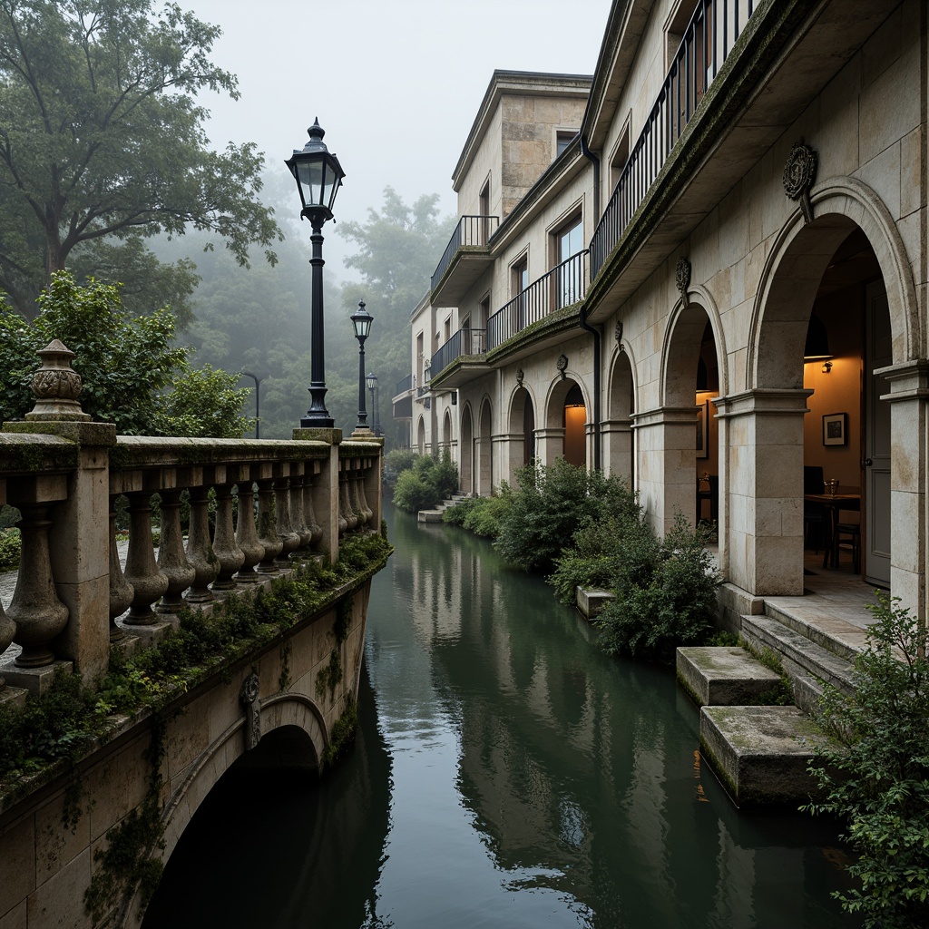 Prompt: Ornate balustrades, intricately carved stone railings, grandiose bridge architecture, sweeping curves, majestic arches, ornamental lanterns, decorative metalwork, rustic stonework, moss-covered surfaces, serene water reflections, soft warm lighting, misty atmosphere, shallow depth of field, 1/2 composition, realistic textures, ambient occlusion.