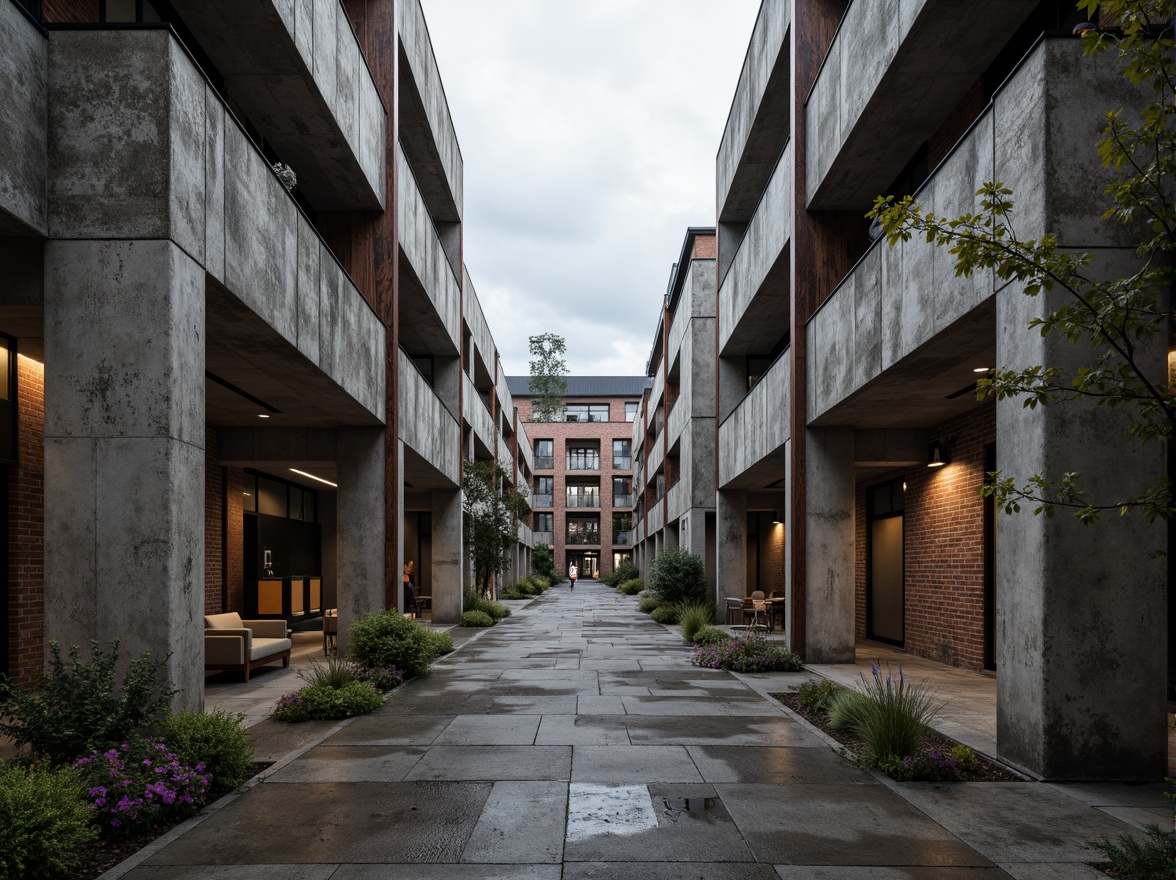 Prompt: Rough-hewn concrete walls, brutalist architecture, rugged stone facades, industrial metal beams, exposed ductwork, raw unfinished surfaces, weathered wooden accents, distressed brick textures, urban campus setting, overcast skies, dramatic shadows, high-contrast lighting, 1/1 composition, symmetrical framing, gritty realistic renderings, ambient occlusion, subtle color grading.