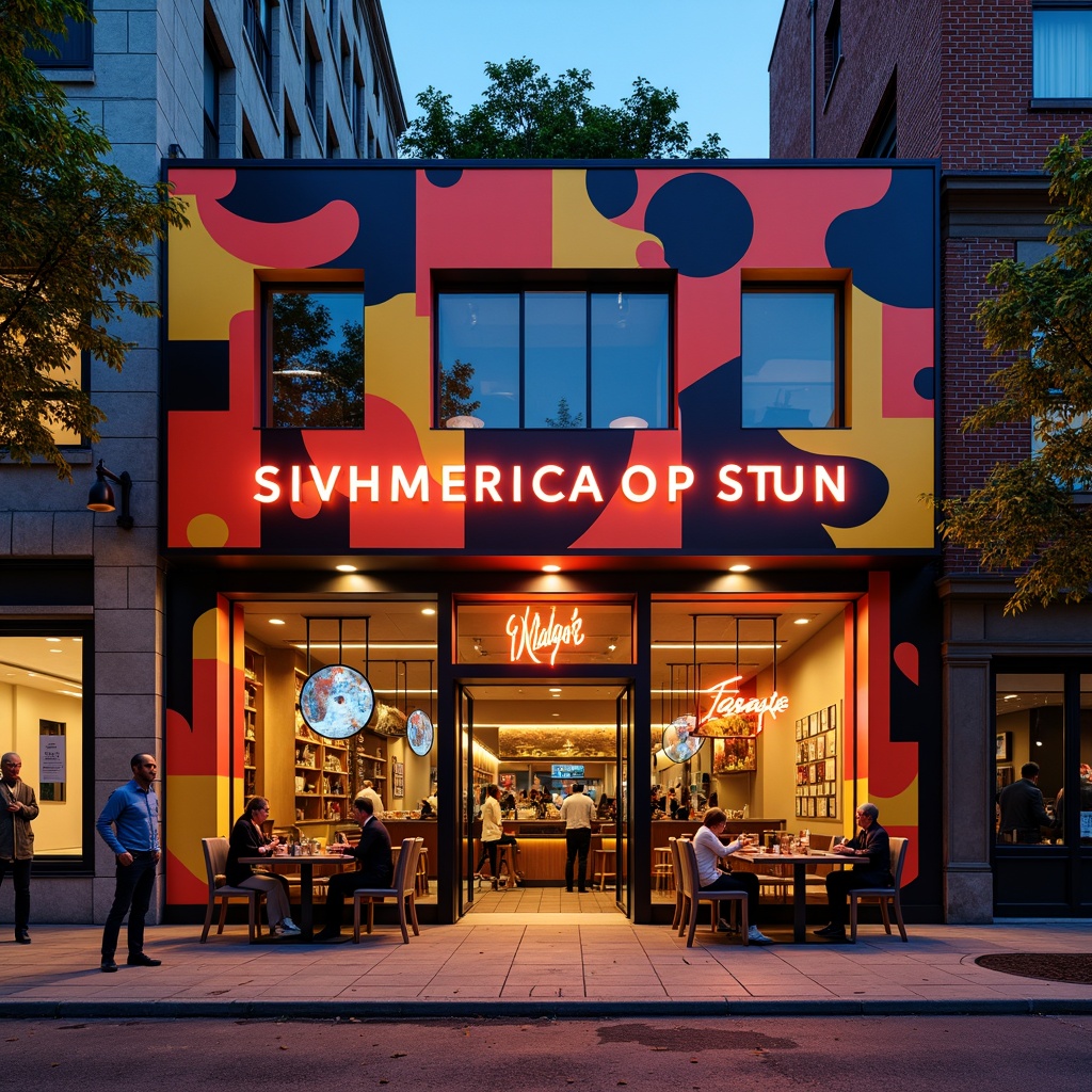 Prompt: Vibrant restaurant facade, expressionist architecture, bold geometric shapes, bright primary colors, abstract patterns, irregular forms, dynamic lighting effects, neon signs, metallic accents, industrial materials, exposed ductwork, urban cityscape, bustling streets, evening atmosphere, warm golden lighting, shallow depth of field, 1/1 composition, dramatic shadows, high-contrast textures.