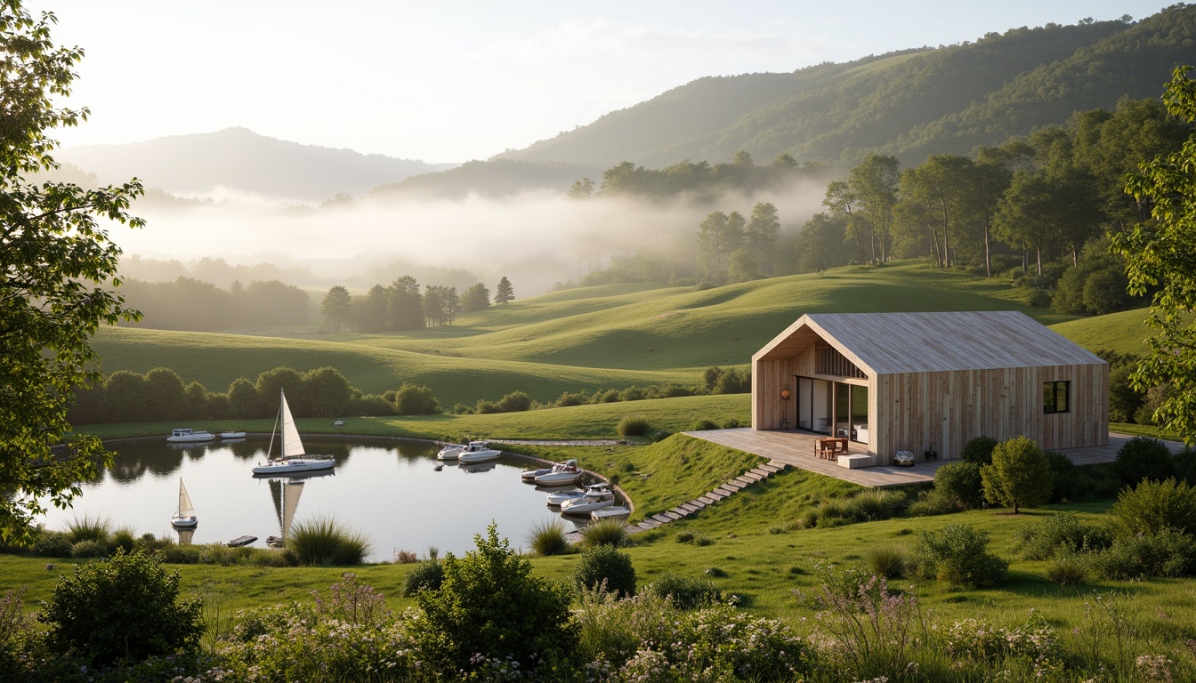 Prompt: Rolling hills, lush green meadows, serene lakeside, wooden docks, sailboats, misty morning, warm sunlight, soft focus, shallow depth of field, 3/4 composition, panoramic view, realistic textures, ambient occlusion, modern eco-friendly architecture, sustainable design, natural stone walls, reclaimed wood accents, floor-to-ceiling windows, sliding glass doors, minimalist interior, organic shapes, earthy color palette, seamless integration with nature.