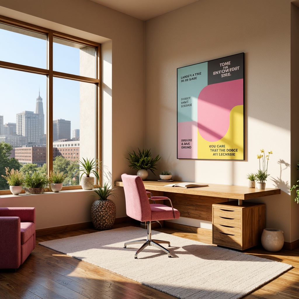 Prompt: Vibrant design studio, modern minimalist interior, sleek wooden desk, ergonomic chair, colorful artwork, inspirational quotes, natural light pouring in, large windows, urban cityscape view, warm beige walls, rich brown furniture, pastel pink accents, creamy white textures, bold typography, geometric patterns, subtle gradient effects, soft focus, shallow depth of field, 1/1 composition, realistic rendering, ambient occlusion.