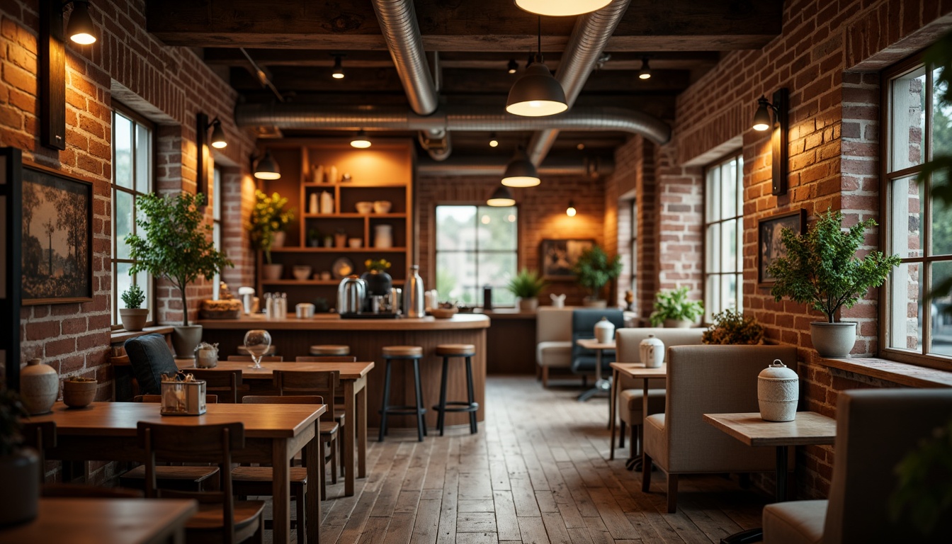 Prompt: Cozy coffee shop interior, warm wooden accents, soft ambient lighting, pendant lamps, industrial metal fixtures, exposed brick walls, comfortable seating areas, rustic wooden tables, vintage decorative items, aromatic coffee scents, morning sunlight, gentle warm glow, shallow depth of field, 1/1 composition, realistic textures, subtle color grading.