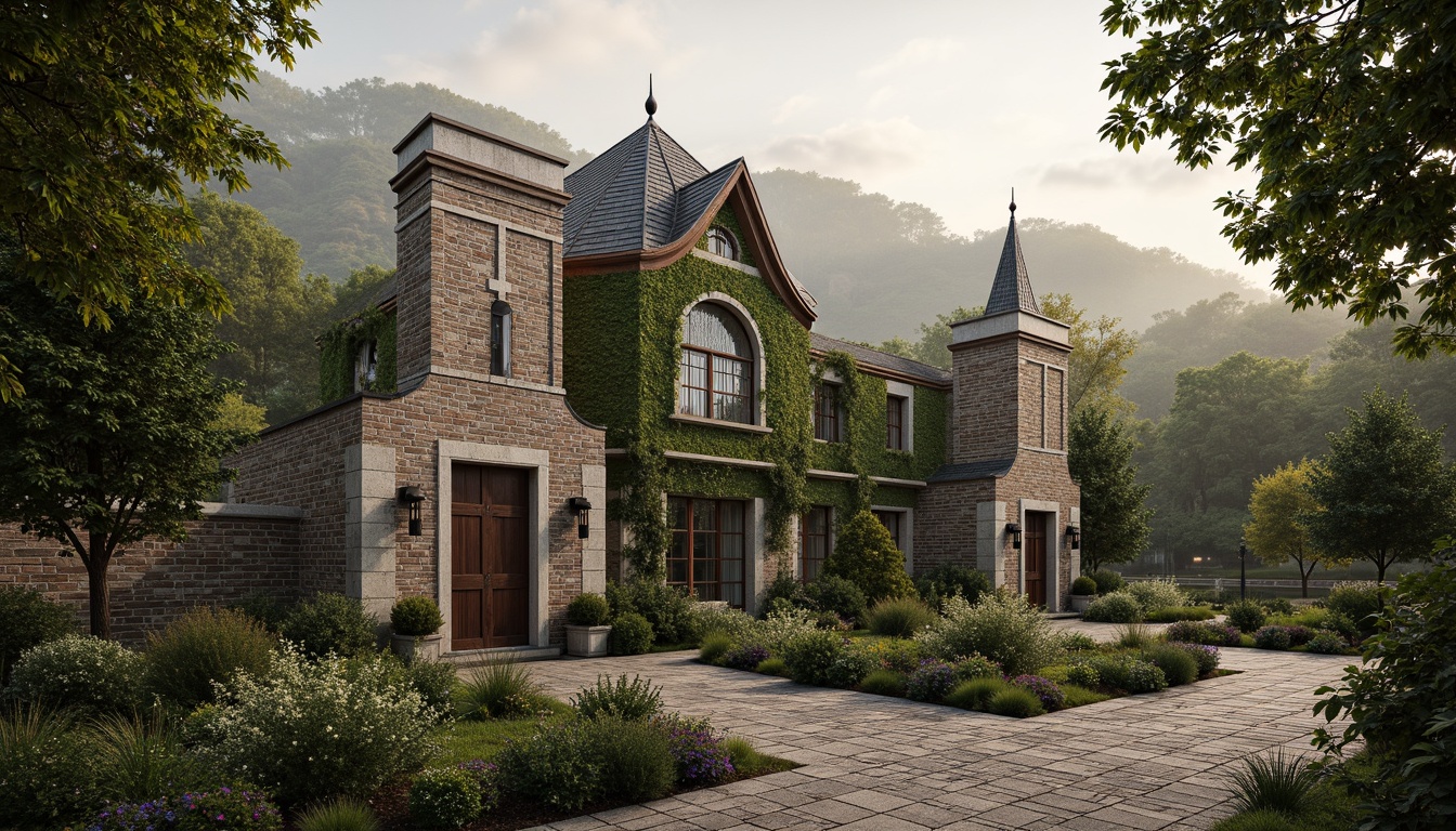 Prompt: Rustic stone walls, ivy-covered facades, grand entrance gates, ornate ironwork, stained glass windows, turrets and towers, asymmetrical compositions, natural stone pathways, lush greenery, blooming flowers, misty morning atmosphere, soft warm lighting, shallow depth of field, 3/4 composition, panoramic view, realistic textures, ambient occlusion, rolling hills, serene lakeside, vintage street lamps, meandering walkways, whimsical water features.