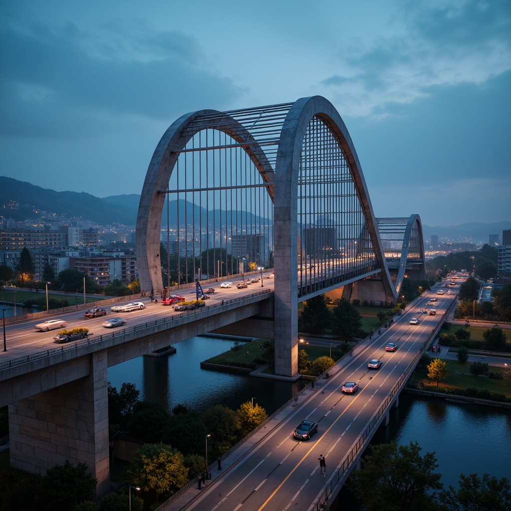 Prompt: Futuristic bridge design, sleek metal arches, durable steel cables, reinforced concrete pillars, weathered stone foundations, modern suspension systems, dynamic lighting installations, misty atmospheric effects, shallow depth of field, 1/1 composition, panoramic view, realistic textures, ambient occlusion, urban cityscape, busy highway traffic, vibrant nighttime illumination, soft warm glow, innovative engineering solutions, sustainable building practices, eco-friendly materials, intricate geometric patterns.