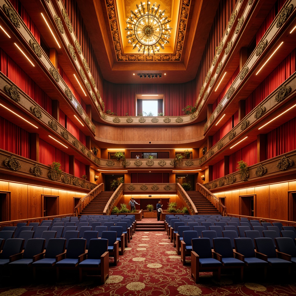 Prompt: Vibrant concert hall, rich wood tones, warm golden lighting, bold red accents, deep blue seats, polished metal fixtures, luxurious velvet curtains, ornate chandeliers, grand staircase, opulent balconies, lavish box seats, dramatic spotlights, soft warm glow, shallow depth of field, 1/1 composition, realistic textures, ambient occlusion.