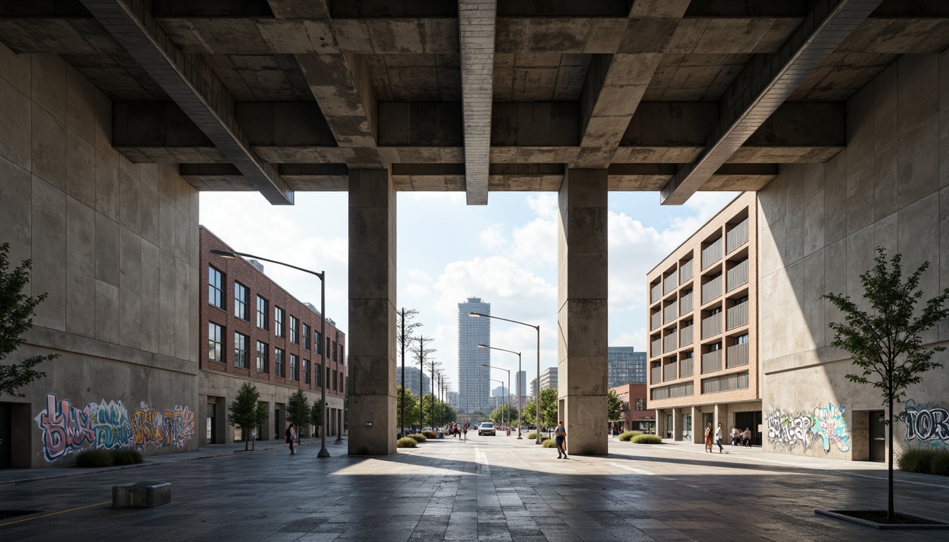 Prompt: Rugged concrete buildings, brutalist architecture, urban integration, industrial-style school design, exposed ductwork, raw metal beams, minimalist interior, functional layout, natural light pouring in, urban landscape views, cityscape backdrop, busy streets, modern streetlights, graffiti-covered walls, distressed textures, high-contrast lighting, dramatic shadows, 1/1 composition, symmetrical framing, gritty realistic render.