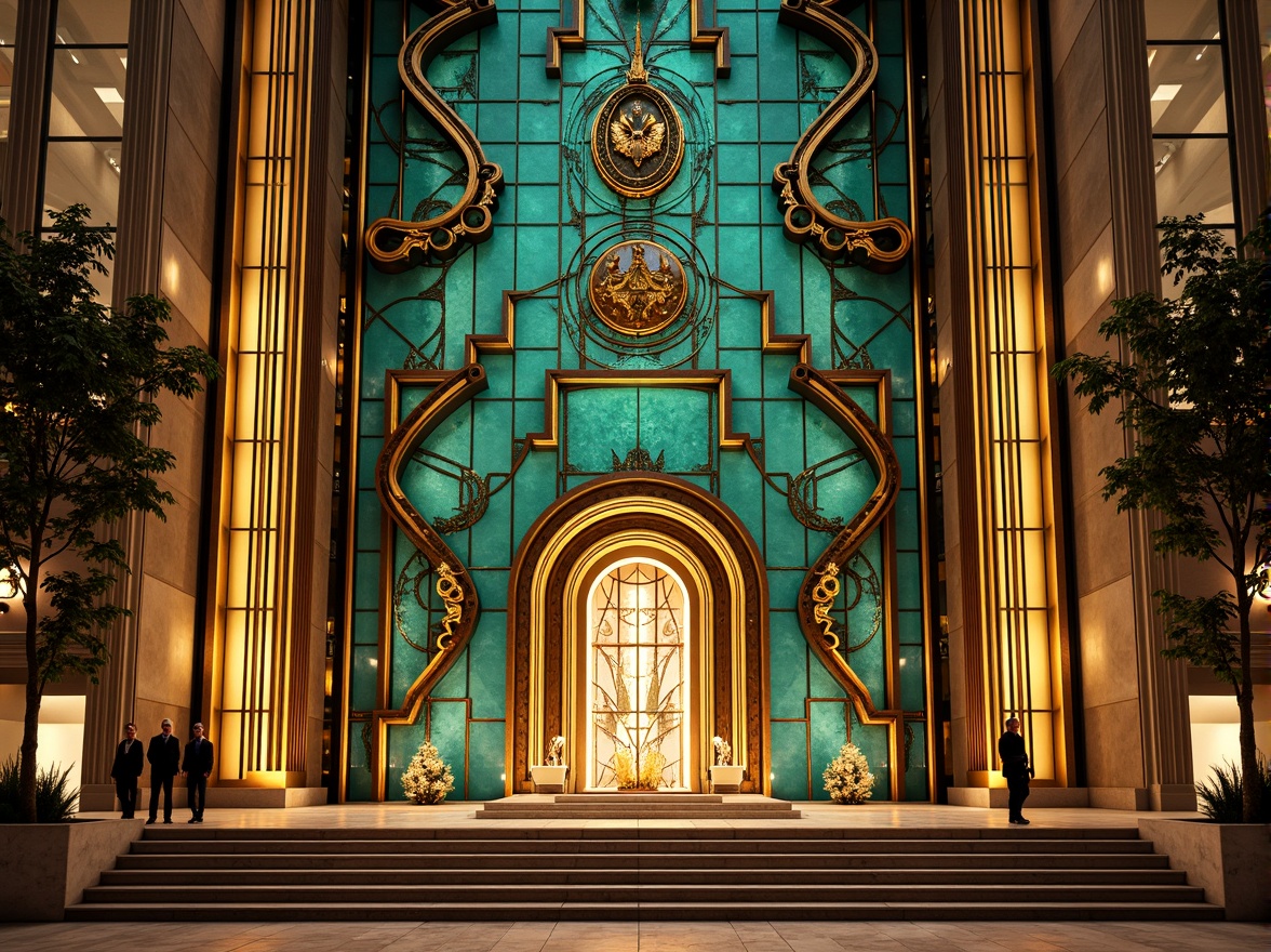 Prompt: Opulent Art Deco monument, lavish golden accents, rich bronze tones, vibrant turquoise mosaics, geometric patterns, ornate metalwork, luxurious marble surfaces, bold black outlines, stylized floral motifs, sunburst designs, zigzag patterns, metallic sheen, warm ambient lighting, shallow depth of field, 1/1 composition, symmetrical framing, high-contrast colors, intricate textures, realistic reflections.