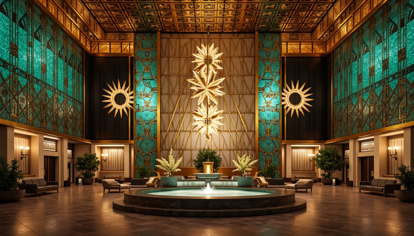 Prompt: Opulent Art Deco monument, lavish golden accents, rich bronze tones, vibrant turquoise mosaics, geometric patterns, ornate metalwork, luxurious marble surfaces, bold black outlines, stylized floral motifs, sunburst designs, zigzag patterns, metallic sheen, warm ambient lighting, shallow depth of field, 1/1 composition, symmetrical framing, high-contrast colors, intricate textures, realistic reflections.