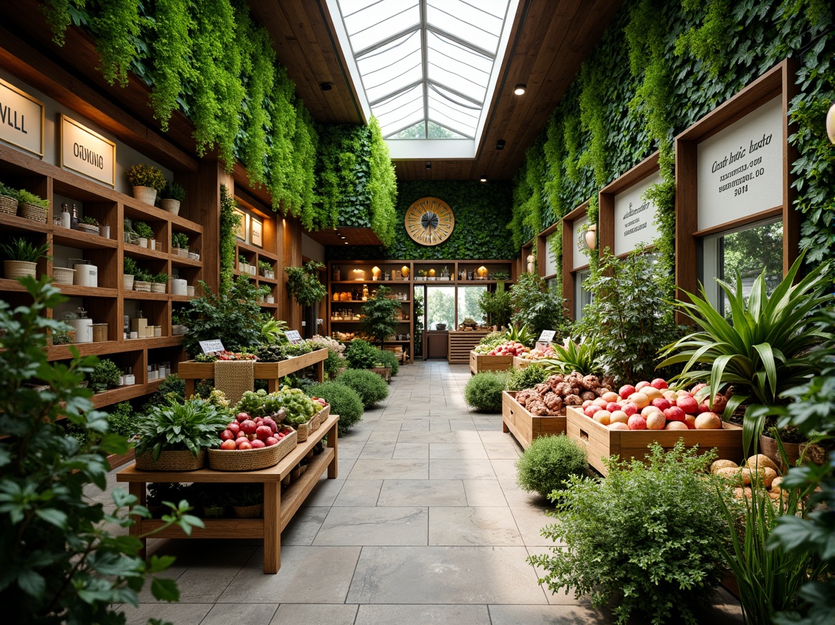 Prompt: Vibrant green walls, living plants, natural stone flooring, reclaimed wood accents, earthy color palette, organic produce displays, botanical-inspired signage, rustic wooden crates, woven basket shelves, abundant natural light, clerestory windows, skylights, warm ambient lighting, 3/4 composition, shallow depth of field, realistic textures, ambient occlusion.