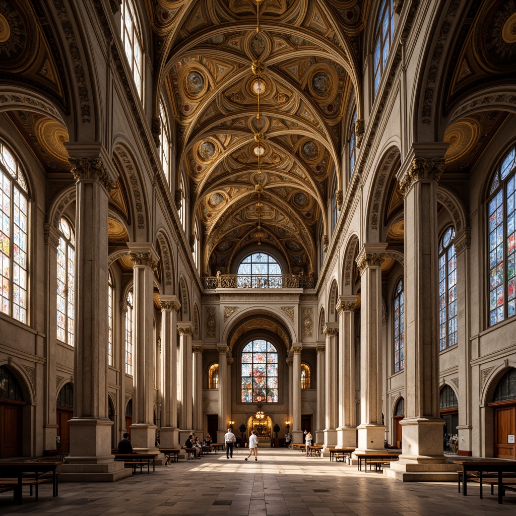 Prompt: Grand cathedral, symmetrical facade, ornate stone carvings, stained glass windows, vaulted ceilings, intricate mosaics, golden domes, classical columns, arches, pediments, grand entrance, marble floors, solemn atmosphere, soft warm lighting, shallow depth of field, 1/1 composition, central perspective, realistic textures, ambient occlusion.