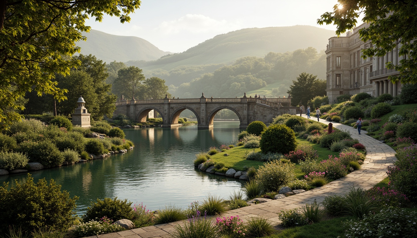 Prompt: Rolling hills, serene lakeside, lush greenery, majestic Baroque-style bridges, ornate stone carvings, grand arches, sweeping curves, rustic wooden railings, meandering waterways, tranquil atmosphere, warm golden lighting, soft misty effects, 1/1 composition, symmetrical framing, realistic textures, ambient occlusion, vibrant floral arrangements, natural stone pathways, moss-covered banks, gentle water ripples, peaceful ambiance.