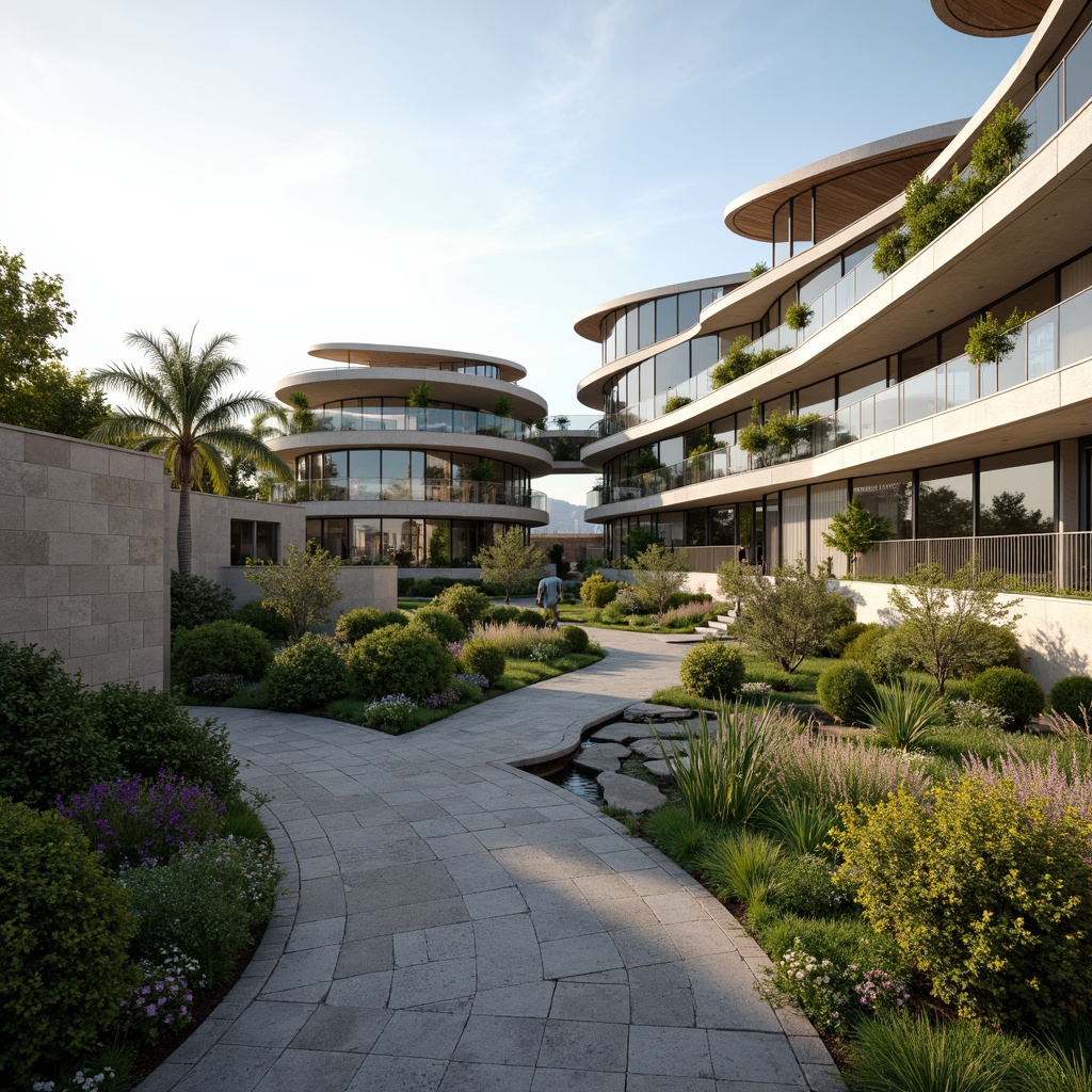 Prompt: Curved building silhouette, harmonious landscape integration, lush green roofs, natural stone walls, reflective glass fa\u00e7ades, minimalist design, sleek metal accents, cantilevered structures, serene water features, meandering walkways, vibrant flowerbeds, native plant species, sunny day, soft warm lighting, shallow depth of field, 3/4 composition, panoramic view, realistic textures, ambient occlusion.