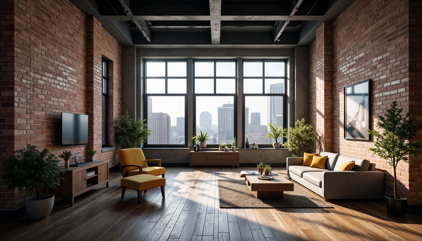 Prompt: Industrial-chic loft, exposed brick walls, metal beams, reclaimed wood floors, urban cityscape views, modern minimalist decor, monochromatic color scheme, rich charcoal grays, warm beige tones, deep blues, vibrant yellow accents, natural textures, softbox lighting, atmospheric shadows, 3/4 composition, cinematic mood, realistic render.