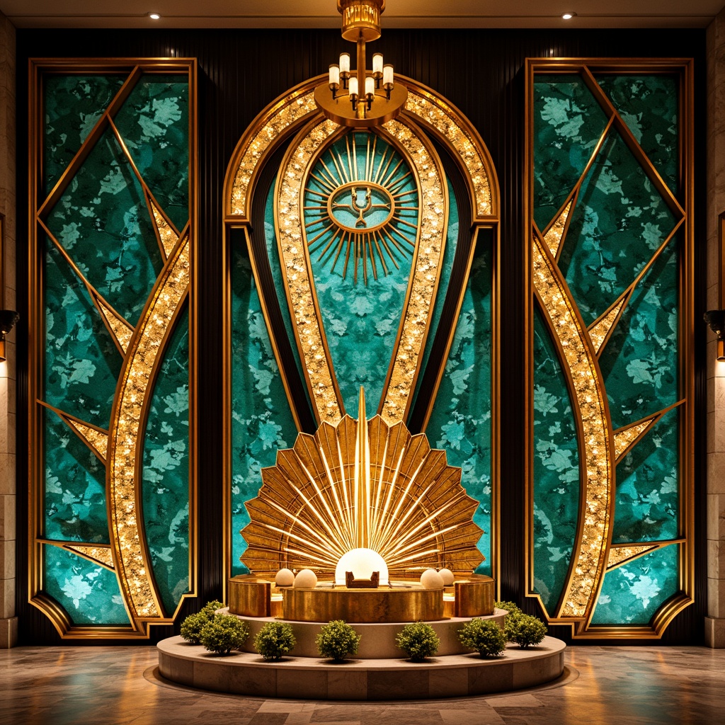 Prompt: Opulent Art Deco monument, lavish golden accents, rich bronze tones, vibrant turquoise mosaics, geometric patterns, ornate metalwork, luxurious marble surfaces, bold black outlines, stylized floral motifs, sunburst designs, zigzag patterns, metallic sheen, warm ambient lighting, shallow depth of field, 1/1 composition, symmetrical framing, high-contrast colors, intricate textures, realistic reflections.