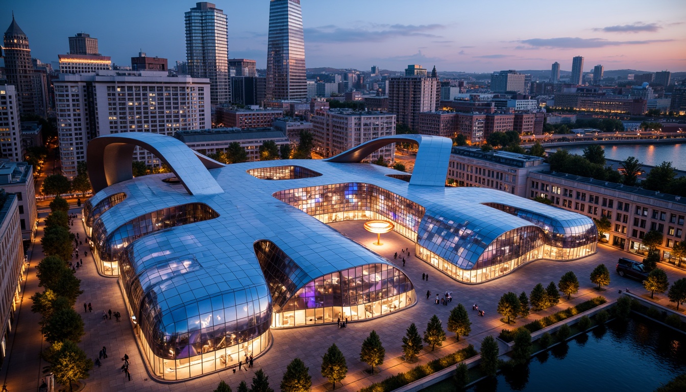 Prompt: Vibrant cultural center, fusion architecture, curved lines, dynamic shapes, LED light installations, translucent glass facades, metallic mesh panels, abstract patterns, futuristic design, urban landscape, bustling streets, city skyline, warm evening lighting, shallow depth of field, 1/1 composition, realistic textures, ambient occlusion.