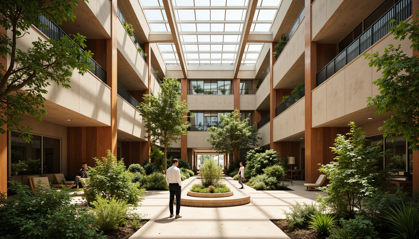 Prompt: Vibrant atrium, lush greenery, natural stone walls, wooden accents, floor-to-ceiling windows, clerestory windows, skylights, open floor plans, minimalist decor, earthy color palette, warm beige tones, soft diffused lighting, indirect sunlight, ambient shadows, 1/1 composition, shallow depth of field, realistic textures, subtle reflections.