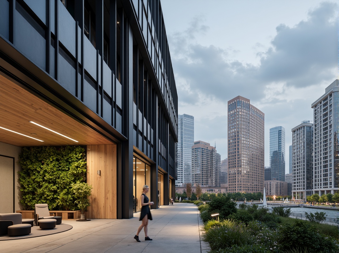 Prompt: Contemporary office building, sleek glass fa\u00e7ade, minimalist steel frames, polished concrete floors, wooden accents, modern LED lighting, open-plan workspace, collaborative furniture, ergonomic chairs, acoustic panels, sound-absorbing materials, natural ventilation systems, energy-efficient HVAC, sustainable building materials, recycled glass partitions, living green walls, urban cityscape views, cloudy day, soft diffused lighting, shallow depth of field, 2/3 composition, realistic textures, ambient occlusion.