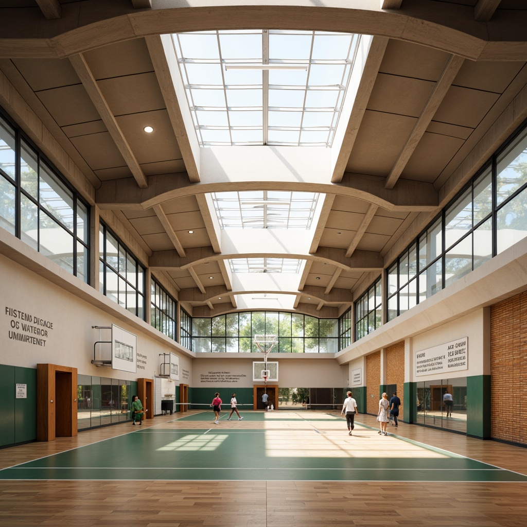 Prompt: Modern gymnasium interior, high ceilings, natural ventilation, clerestory windows, solar tubes, energy-efficient LED lighting, recycled rubber flooring, eco-friendly paint, sustainable materials, minimalist design, open spaces, athletic equipment, basketball courts, volleyball nets, exercise machines, mirrored walls, motivational quotes, bright color schemes, soft warm lighting, shallow depth of field, 3/4 composition, panoramic view, realistic textures, ambient occlusion.