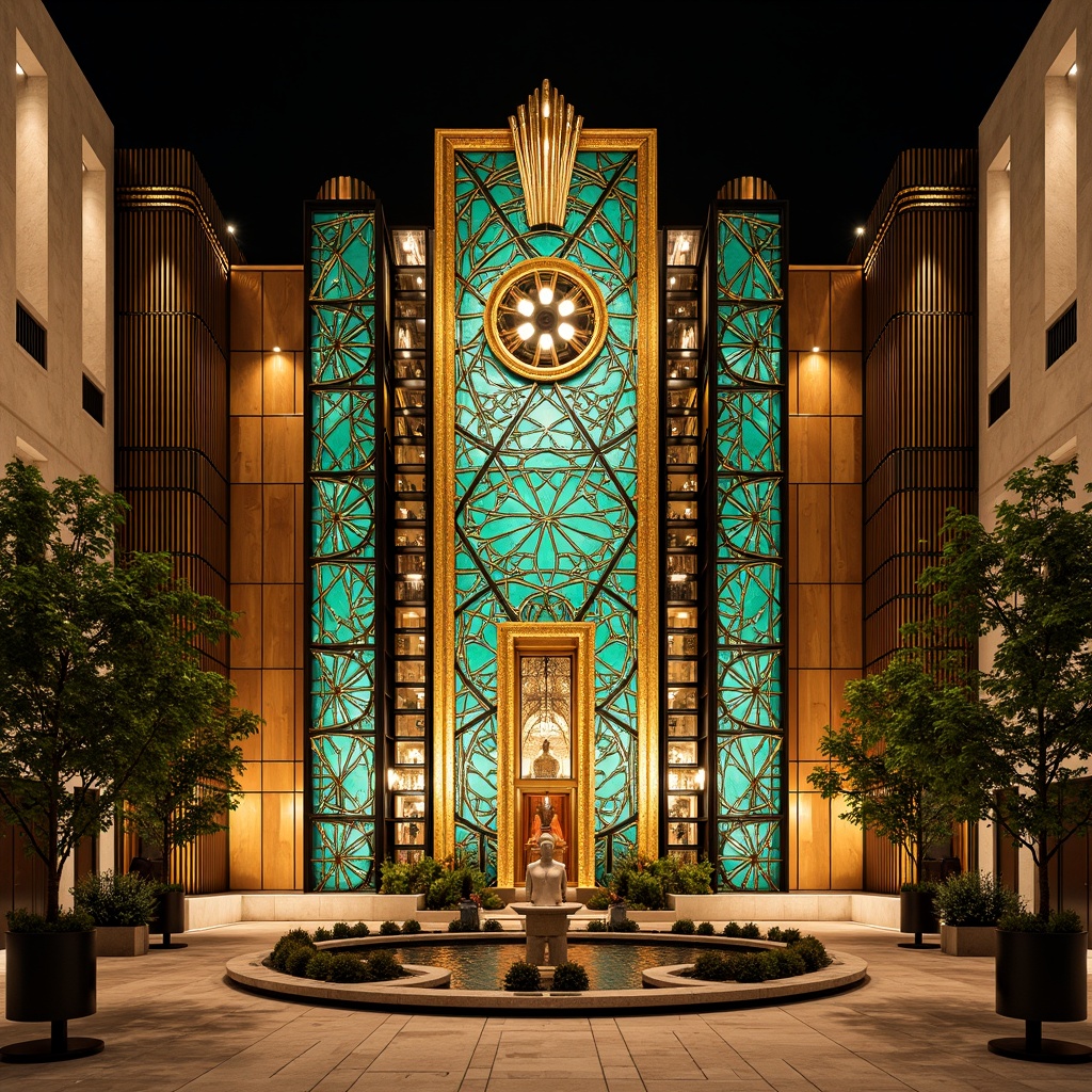 Prompt: Opulent Art Deco monument, lavish golden accents, rich bronze tones, vibrant turquoise mosaics, geometric patterns, ornate metalwork, luxurious marble surfaces, bold black outlines, stylized floral motifs, sunburst designs, zigzag patterns, metallic sheen, warm ambient lighting, shallow depth of field, 1/1 composition, symmetrical framing, high-contrast colors, intricate textures, realistic reflections.