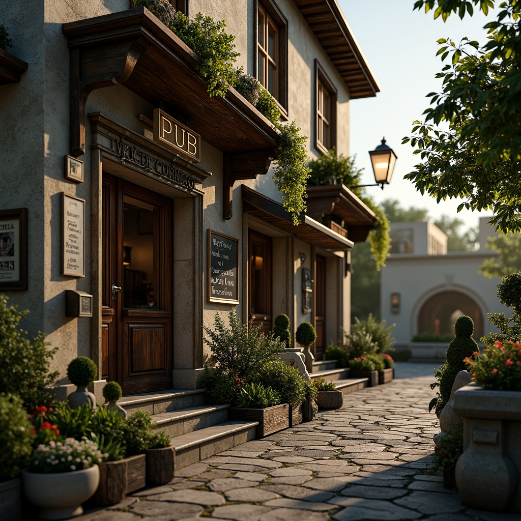 Prompt: Rustic pub exterior, ornate Baroque-style fa\u00e7ade, lush greenery, overflowing flower boxes, distressed wooden accents, vintage lanterns, meandering stone pathways, natural rock formations, moss-covered statues, whimsical topiaries, soft warm lighting, golden hour ambiance, shallow depth of field, 1/2 composition, intimate atmosphere, realistic textures, ambient occlusion.