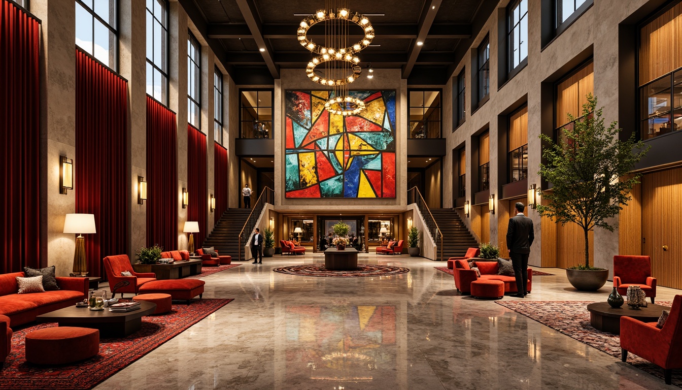 Prompt: Vibrant hotel lobby, bold geometric patterns, rich velvet fabrics, luxurious marble floors, ornate metal fixtures, dramatic chandeliers, warm golden lighting, abstract expressionist artwork, eclectic furniture designs, bold color schemes, textured concrete walls, rough-hewn wooden accents, lavish drapery, intricate mosaic tiles, grand staircases, opulent furnishings, dynamic shapes, futuristic lines, avant-garde decor, moody atmospheric lighting, cinematic composition, high-contrast textures.