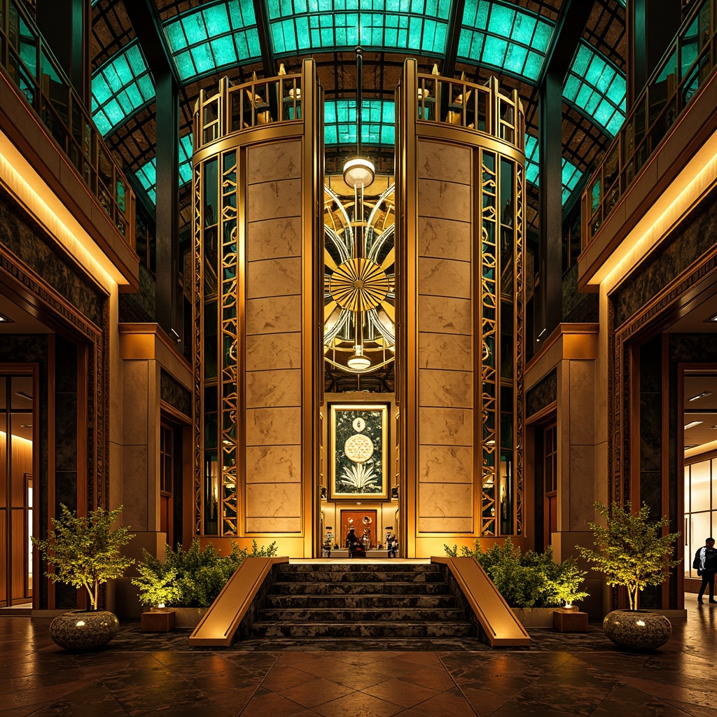 Prompt: Opulent Art Deco monument, lavish golden accents, rich bronze tones, vibrant turquoise mosaics, geometric patterns, ornate metalwork, luxurious marble surfaces, bold black outlines, stylized floral motifs, sunburst designs, zigzag patterns, metallic sheen, warm ambient lighting, shallow depth of field, 1/1 composition, symmetrical framing, high-contrast colors, intricate textures, realistic reflections.