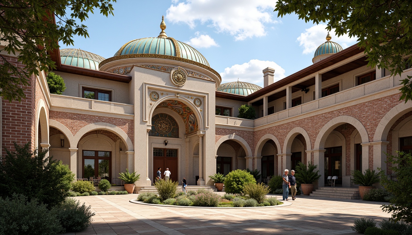 Prompt: Intricate stone carvings, ornate domes, grand archways, vibrant mosaics, golden accents, rustic terracotta tiles, curved rooflines, ornamental finials, weathered copper cladding, aged brick facades, Byzantine-inspired ornaments, lush greenery, serene courtyard, warm afternoon light, soft shadows, 1/1 composition, realistic textures, ambient occlusion.