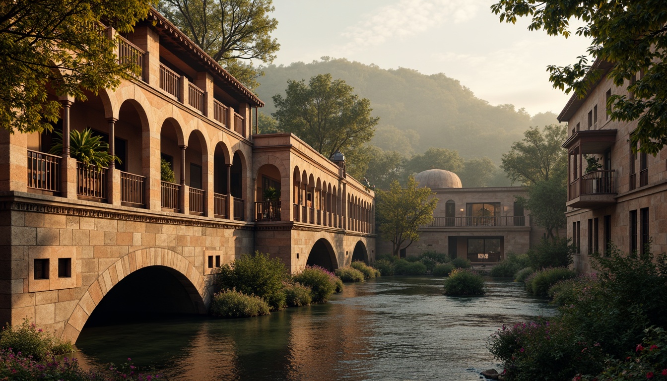 Prompt: Rustic stone bridges, ornate balustrades, weathered wooden railings, earthy terracotta hues, muted sienna tones, warm golden lighting, soft misty atmosphere, serene river waters, lush greenery, vibrant floral accents, intricate carvings, classical arches, grandiose proportions, symmetrical composition, 1/2 perspective view, realistic stone textures, ambient occlusion.