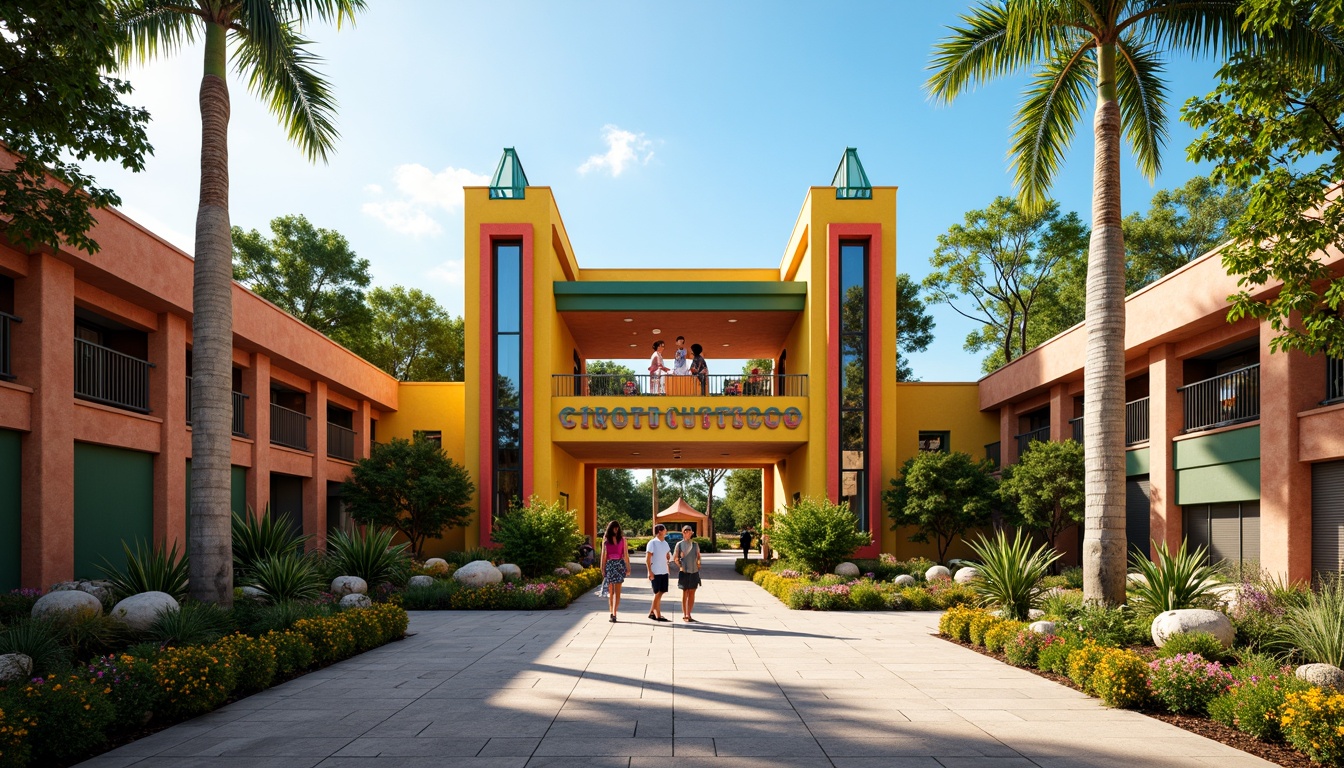 Prompt: Vibrant zoo entrance, constructivist architecture, bold geometric shapes, bright primary colors, playful animal sculptures, intricate metalwork, natural stone walls, lush greenery, tropical plants, exotic flowers, sunny day, warm soft lighting, shallow depth of field, 3/4 composition, panoramic view, realistic textures, ambient occlusion.