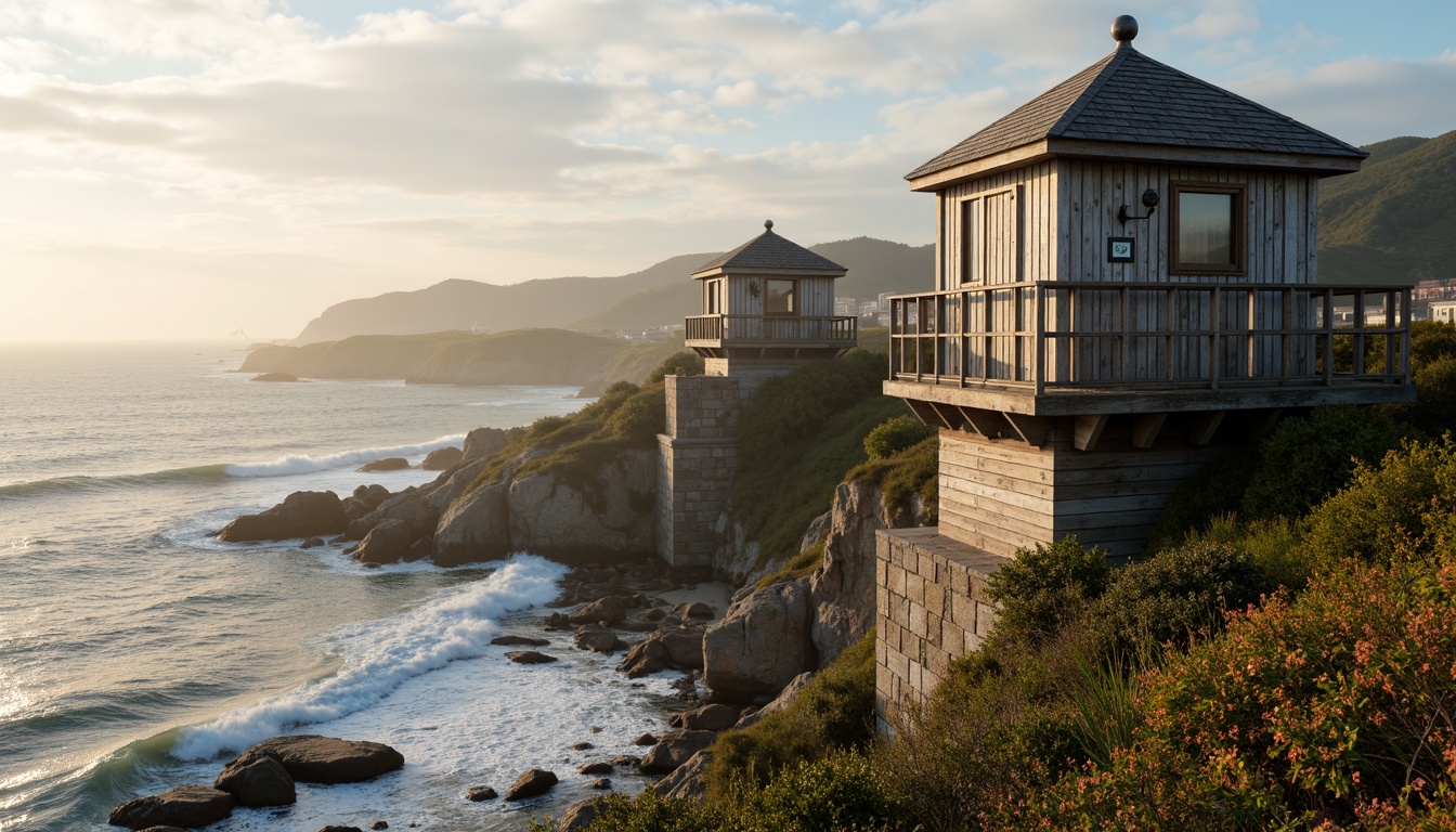 Prompt: Weathered wooden watching towers, rugged coastal landscape, crashing ocean waves, salty sea air, rustic nautical ropes, distressed wooden planks, faded lighthouse stripes, worn stone foundations, dramatic cliffside settings, misty morning atmosphere, warm golden lighting, shallow depth of field, 1/2 composition, symmetrical architecture, ornate metal railings, vintage navigation instruments, nostalgic seaside charm, realistic weathering effects.