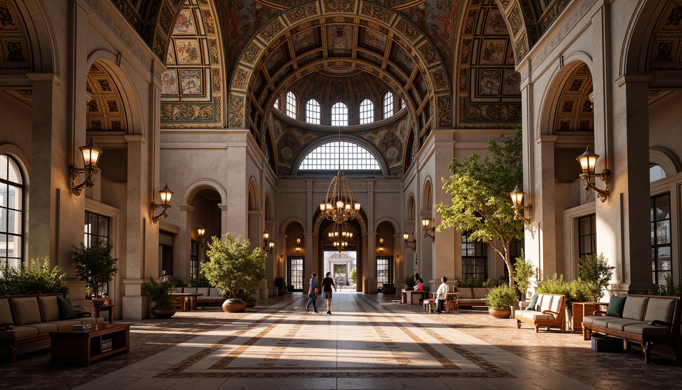 Prompt: Intricate stone carvings, ornate arches, grand domes, vibrant mosaics, golden accents, rich tapestries, luxurious furnishings, ornamental lanterns, majestic columns, marble floors, high ceilings, stained glass windows, warm candlelight, soft shadows, 1/1 composition, symmetrical framing, realistic textures, ambient occlusion.