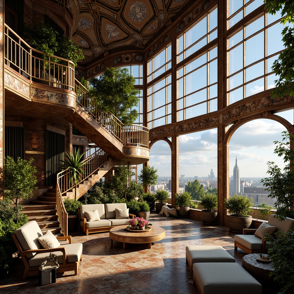 Prompt: Luxurious penthouse, Art Nouveau style, ornate metalwork, flowing organic lines, sinuous curves, grand staircase, intricate mosaics, stained glass windows, lavish furnishings, velvet drapes, marble floors, gilded accents, crystal chandeliers, panoramic city views, rooftop garden, lush greenery, vibrant flowers, soft warm lighting, shallow depth of field, 1/1 composition, realistic textures, ambient occlusion.