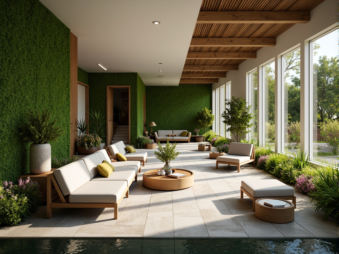 Prompt: Soothing dental clinic, lush green walls, natural stone flooring, wooden accents, calming water features, serene outdoor gardens, vibrant flower arrangements, modern minimalist furniture, large windows, abundant natural light, warm color scheme, cozy waiting areas, peaceful ambiance, shallow depth of field, 3/4 composition, realistic textures, ambient occlusion.