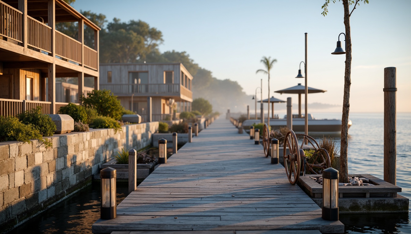 Prompt: Weathered wooden docks, rustic nautical ropes, vintage boat wheels, distressed metal lanterns, soft misty mornings, serene lake reflections, natural stone foundations, earthy brown wood accents, sky blue water hues, creamy white sailcloth textures, warm golden lighting, shallow depth of field, 1/1 composition, realistic wood grain details, ambient occlusion.