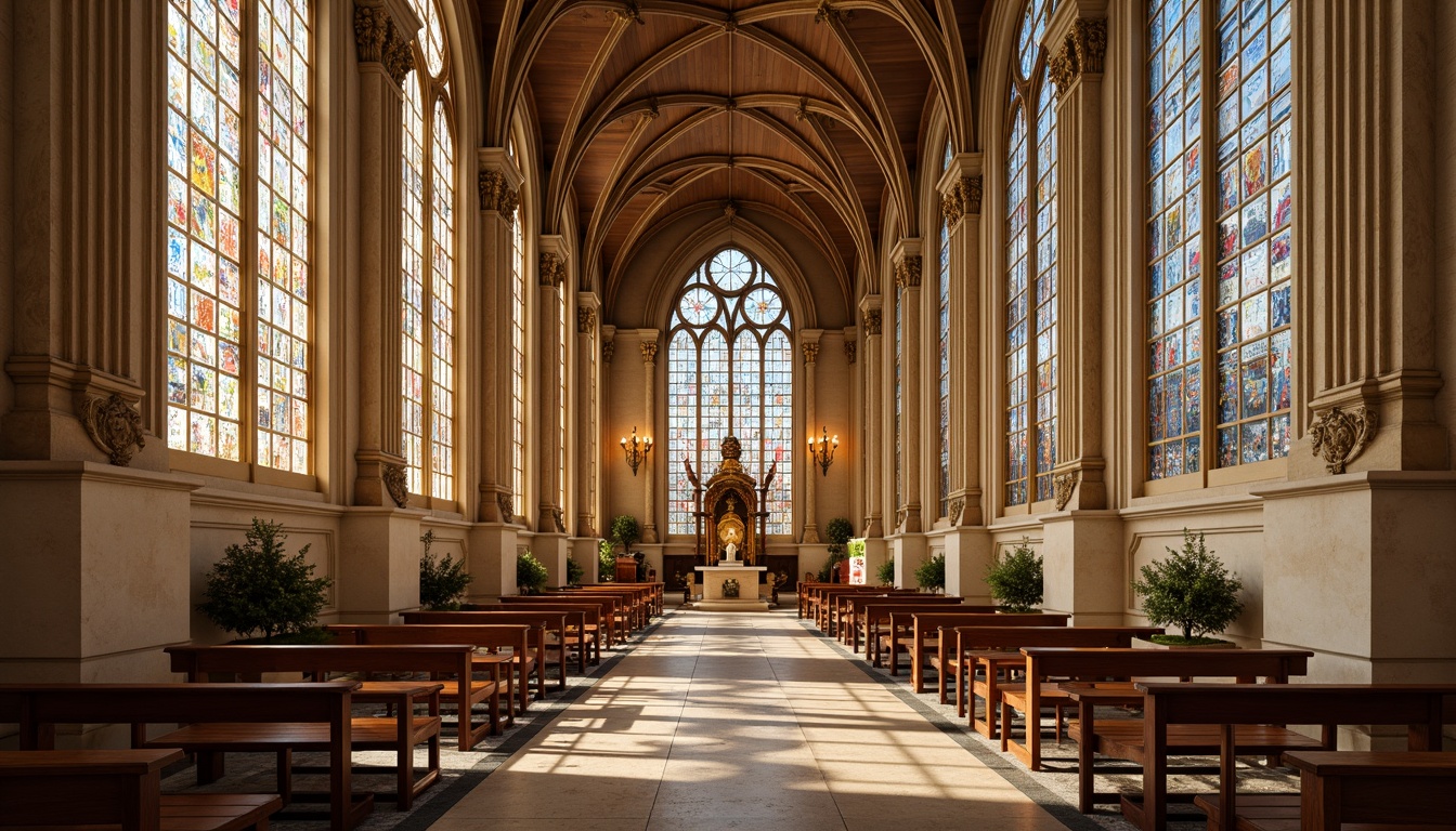 Prompt: Majestic cathedral, ornate stained glass windows, golden accents, rich wood tones, cream-colored stone walls, intricate carvings, vaulted ceilings, grandiose chandeliers, soft warm lighting, subtle shadows, 1/1 composition, symmetrical architecture, classical columns, arches, domes, subtle texture overlays, realistic reflections, ambient occlusion.