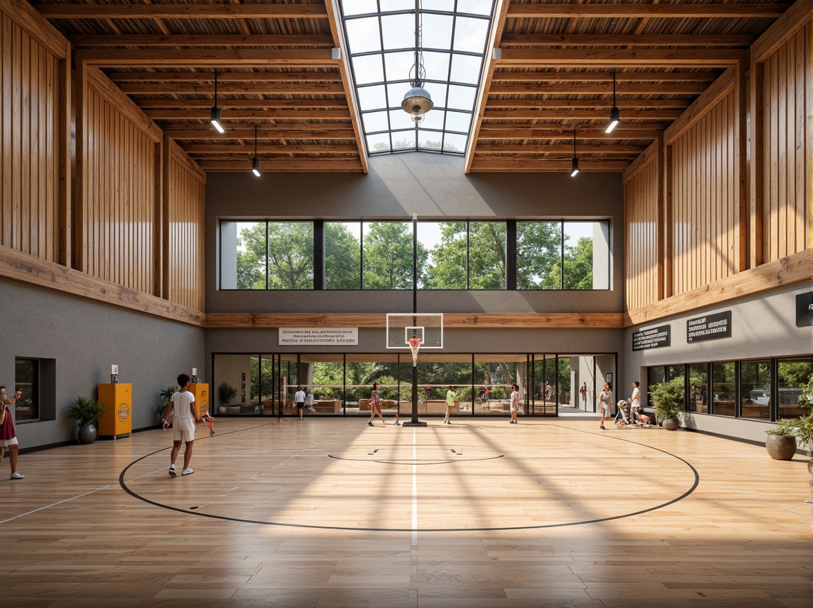 Prompt: Modern gymnasium building, eco-friendly materials, reclaimed wood flooring, bamboo walls, recycled metal beams, low-carbon concrete, green roofs, solar panels, natural ventilation systems, clerestory windows, abundant daylight, soft warm lighting, 3/4 composition, shallow depth of field, realistic textures, ambient occlusion, athletic equipment, basketball hoops, volleyball nets, exercise machines, mirrored walls, motivational quotes, inspirational posters, calm color scheme, earthy tones, wooden accents.