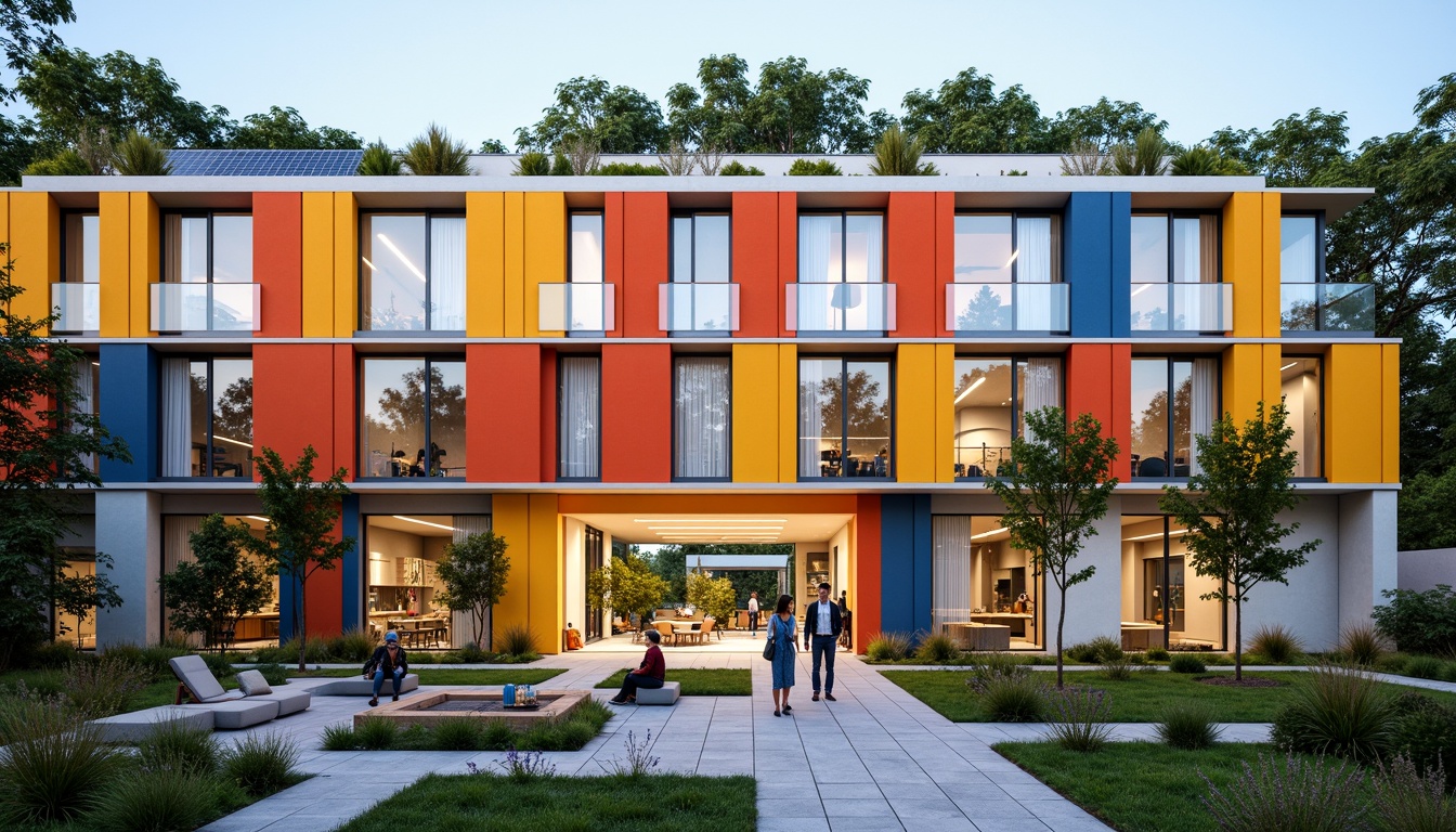 Prompt: Vibrant student dormitory, modern facade design, bold color blocking, large windows, natural stone cladding, metal railings, green roofs, solar panels, outdoor seating areas, landscaped courtyards, pedestrian walkways, bike racks, communal kitchens, cozy lounges, minimalist decor, soft warm lighting, shallow depth of field, 3/4 composition, panoramic view, realistic textures, ambient occlusion.