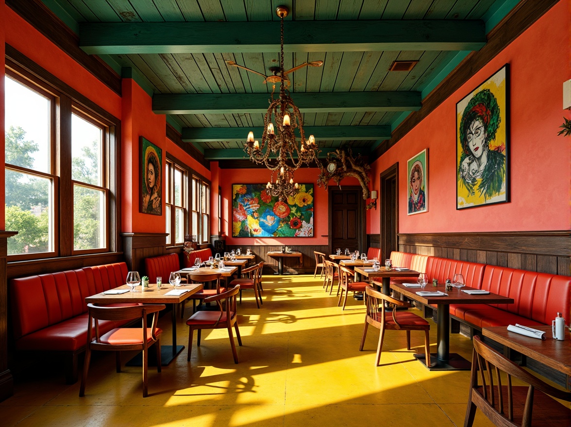 Prompt: Vibrant restaurant interior, expressionist art style, bold color palette, warm golden lighting, rich wood accents, eclectic furniture, abstract artwork, geometric patterns, bright coral walls, deep turquoise ceilings, sunny yellow floors, distressed metal decorations, reclaimed wood textures, industrial chic atmosphere, dramatic shadows, high contrast ratio, 1/2 composition, cinematic lighting, realistic reflections.