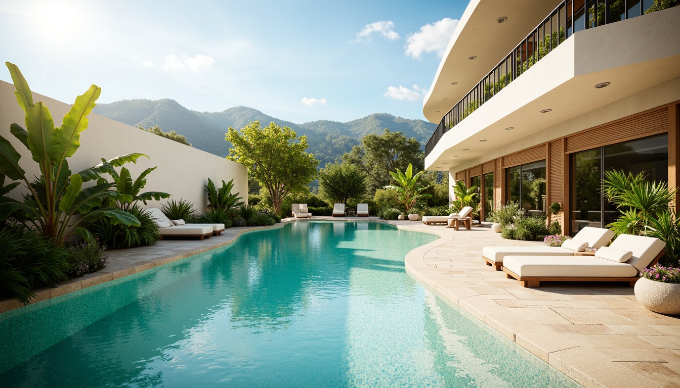 Prompt: Vibrant poolside, turquoise water, sunny day, warm lighting, lush greenery, tropical plants, natural stone decking, sleek modern architecture, curved lines, minimalist design, calming ambiance, soft pastel hues, creamy whites, blues and greens color palette, subtle texture variations, shallow depth of field, 1/1 composition, realistic reflections, ambient occlusion.