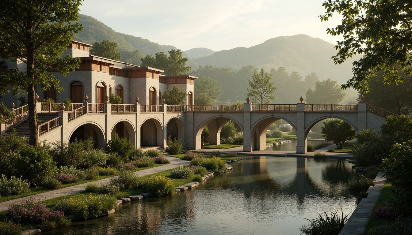 Prompt: Rolling hills, serene lakeside, lush greenery, majestic Baroque-style bridges, ornate stone carvings, grand arches, sweeping curves, rustic wooden railings, meandering waterways, tranquil atmosphere, warm golden lighting, soft misty effects, 1/1 composition, symmetrical framing, realistic textures, ambient occlusion, vibrant floral arrangements, natural stone pathways, moss-covered banks, gentle water ripples, peaceful ambiance.