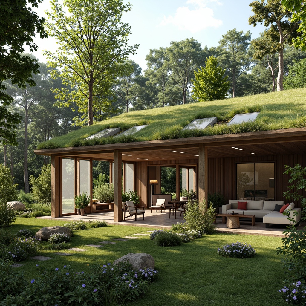 Prompt: Green roofs, lush vegetation, natural materials, earthy tones, open floor plans, high ceilings, clerestory windows, skylights, solar tubes, cross ventilation, stack effect, wind catchers, solar chimneys, shading devices, overhangs, louvers, jalousies, operable windows, sliding glass doors, insect screens, natural convection, passive cooling, thermal mass, insulation, breathable walls, radiant barriers, moisture management systems, comfortable indoor climate, soft diffused lighting, 1/1 composition, realistic textures, ambient occlusion.