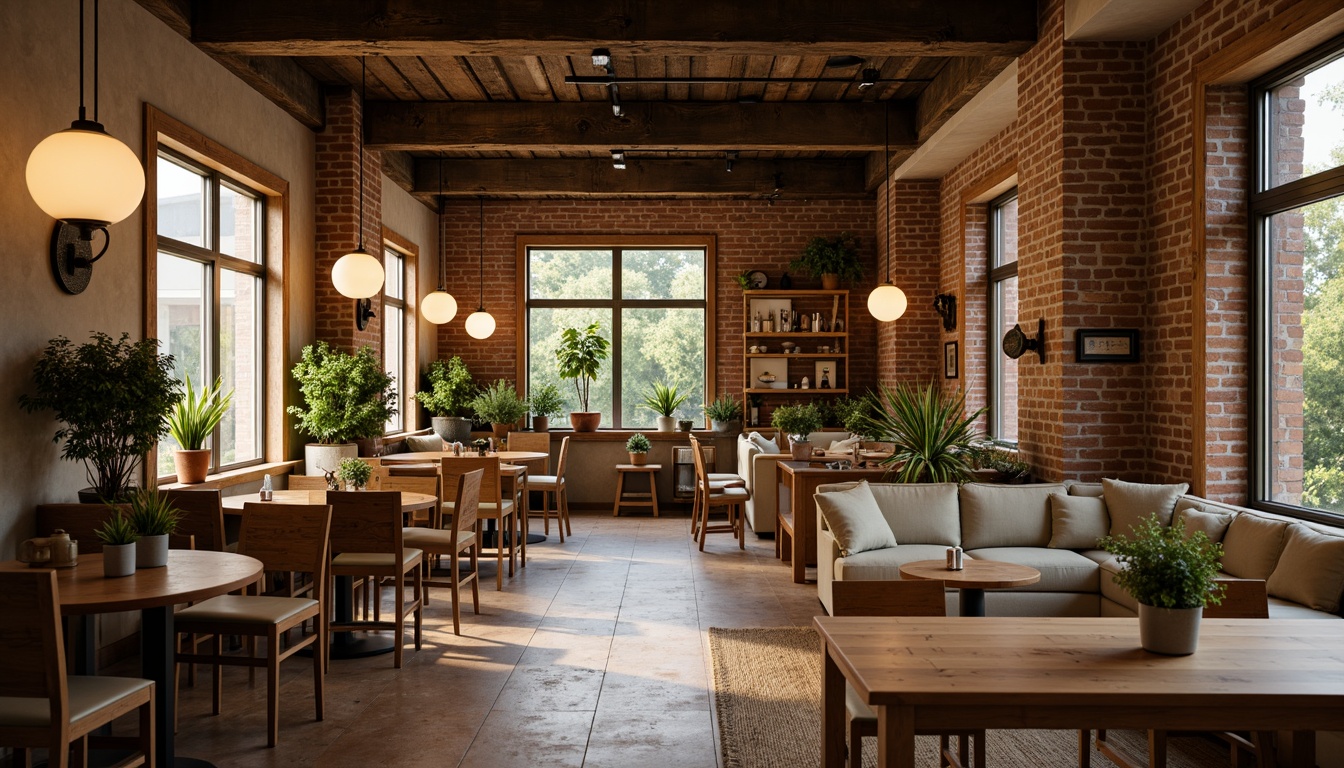 Prompt: Cozy coffee shop interior, warm ambient lighting, soft glow pendant lamps, rustic wooden accents, exposed brick walls, comfortable seating areas, natural stone flooring, earthy color palette, lush greenery, modern minimalist decor, industrial metal beams, reclaimed wood tables, vintage decorative items, warm beige tones, creamy whites, soft shadows, 1/2 composition, shallow depth of field, realistic textures, ambient occlusion.