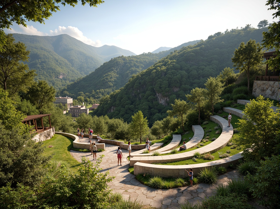 Prompt: Natural amphitheater setting, rolling hills, lush greenery, meandering pathways, scenic overlooks, tiered seating areas, curved retaining walls, native plant species, rustic stone accents, wooden benches, panoramic views, warm sunny day, soft diffused lighting, shallow depth of field, 3/4 composition, realistic textures, ambient occlusion.