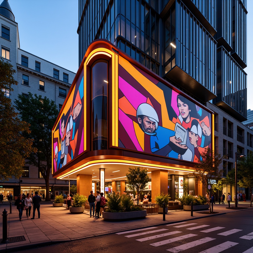 Prompt: Vibrant restaurant facade, expressionist architecture, bold geometric shapes, bright primary colors, abstract patterns, irregular forms, dynamic lighting effects, neon signs, metallic accents, industrial materials, exposed ductwork, urban cityscape, bustling streets, evening atmosphere, warm golden lighting, shallow depth of field, 1/1 composition, dramatic shadows, high-contrast textures.