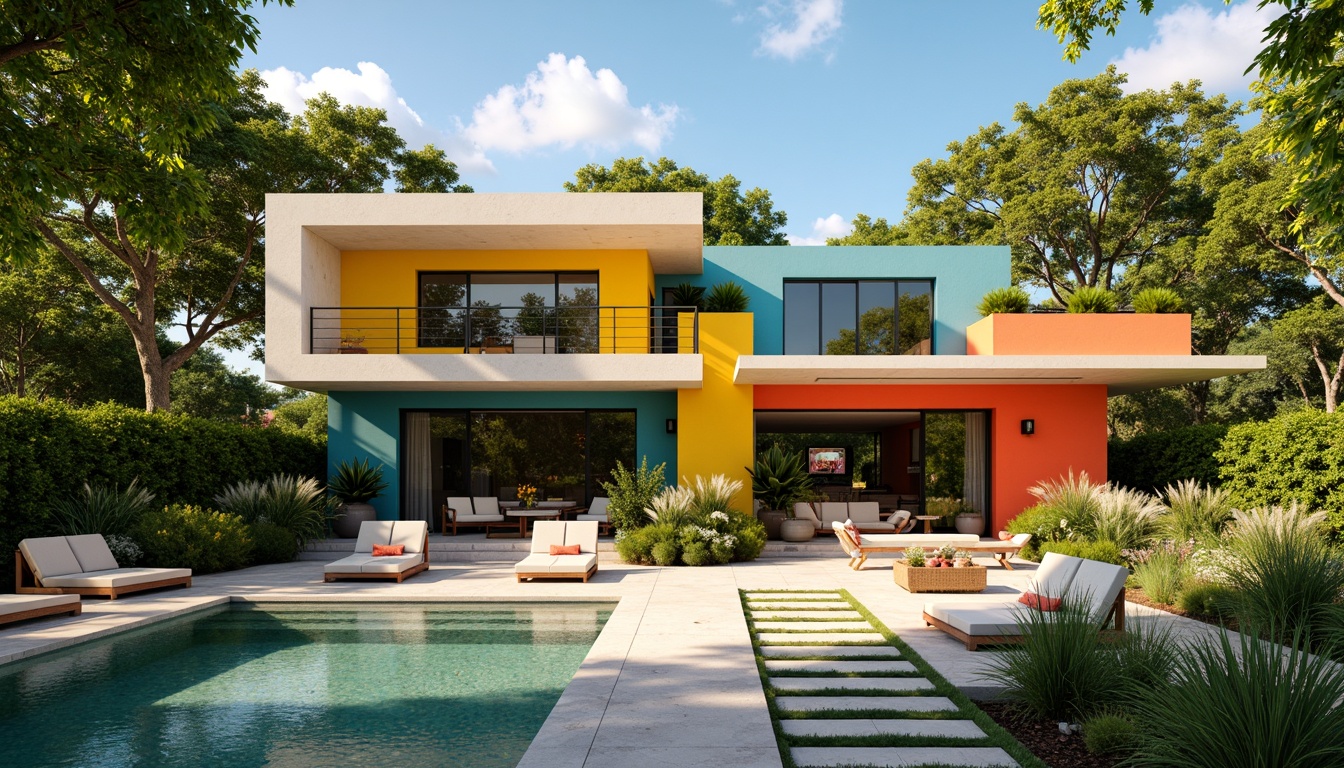 Prompt: Vibrant Bauhaus villa, geometric shapes, bold color blocks, primary colors, industrial materials, exposed concrete walls, steel beams, minimalist decor, functional furniture, abundant natural light, floor-to-ceiling windows, sliding glass doors, lush greenery surroundings, modernist landscape design, warm sunny day, high contrast lighting, shallow depth of field, 1/1 composition, realistic textures, ambient occlusion.