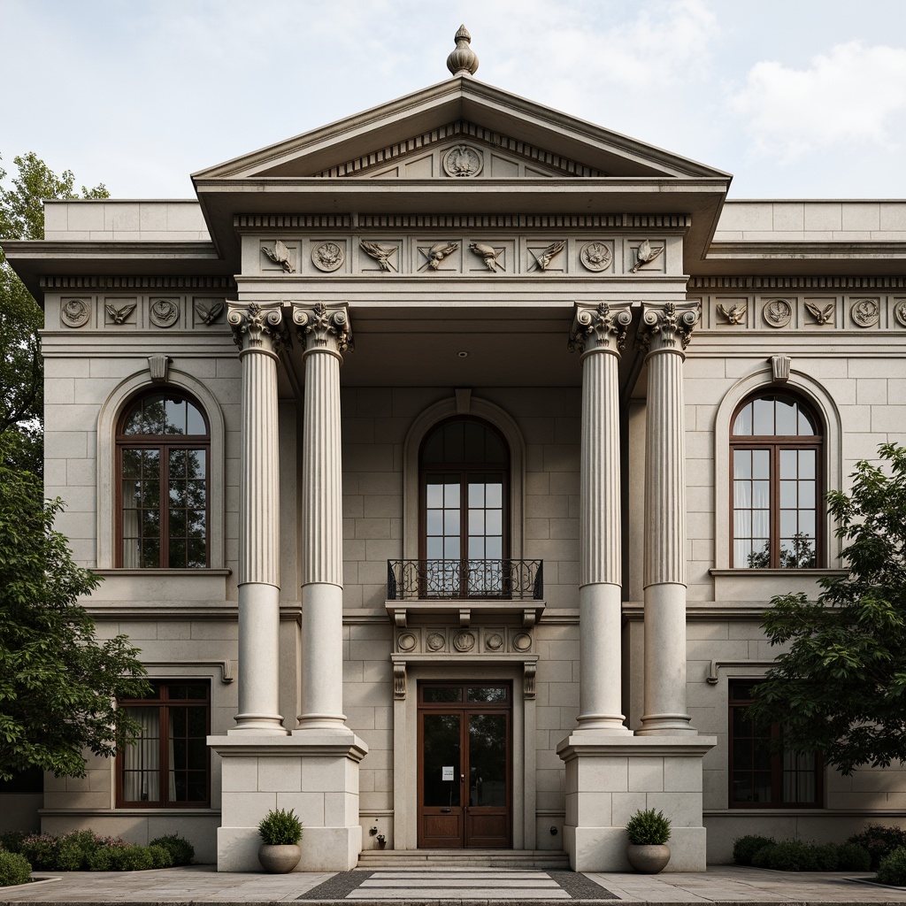 Prompt: Grandiose classical facade, ornate columns, intricately carved details, symmetrical composition, majestic entrance, sweeping arches, rusticated stone walls, ornamental balconies, decorative cornices, grand pediments, imposing scale, subtle color palette, soft natural lighting, shallow depth of field, 2/3 composition, realistic textures, ambient occlusion.