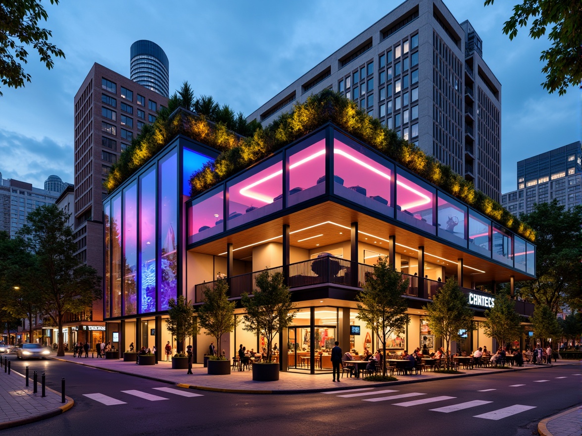 Prompt: Vibrant restaurant exterior, modern angular lines, LED lighting installations, glass curtain walls, cantilevered roofs, green roofs, living walls, vertical gardens, reclaimed wood accents, industrial chic materials, urban cityscape, bustling streets, evening ambiance, warm golden lighting, shallow depth of field, 1/1 composition, realistic textures, ambient occlusion.