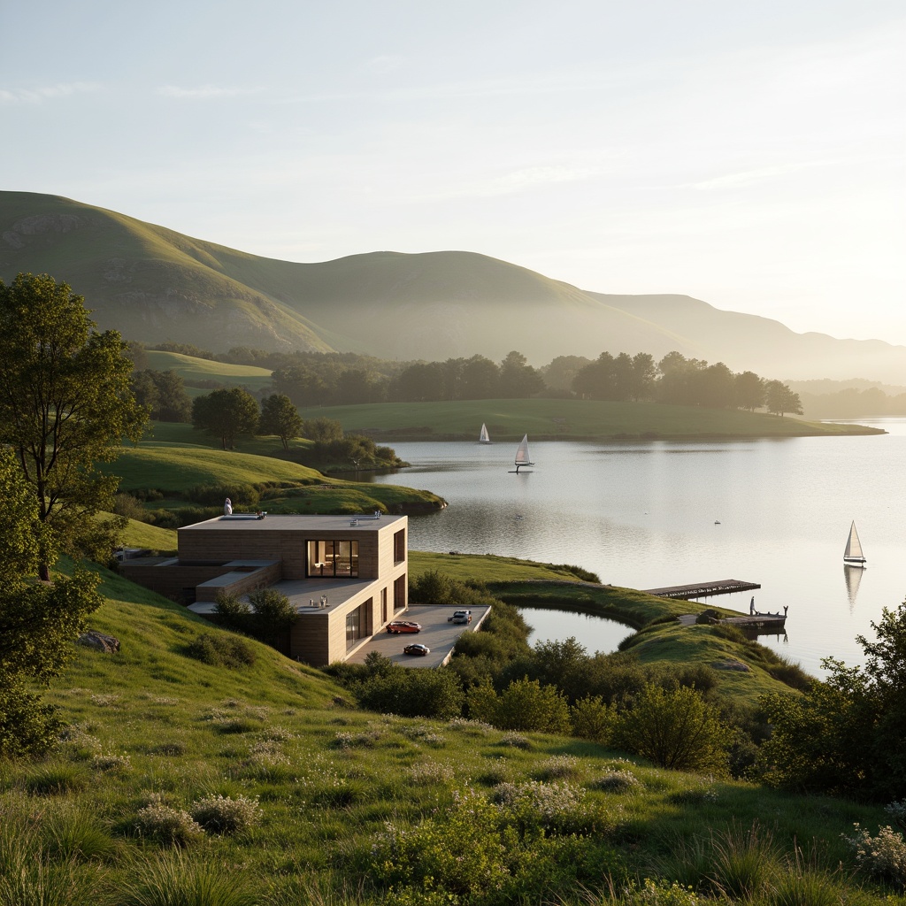 Prompt: Rolling hills, lush green meadows, serene lakeside, wooden docks, sailboats, misty morning, warm sunlight, soft focus, shallow depth of field, 3/4 composition, panoramic view, realistic textures, ambient occlusion, modern eco-friendly architecture, sustainable design, natural stone walls, reclaimed wood accents, floor-to-ceiling windows, sliding glass doors, minimalist interior, organic shapes, earthy color palette, seamless integration with nature.